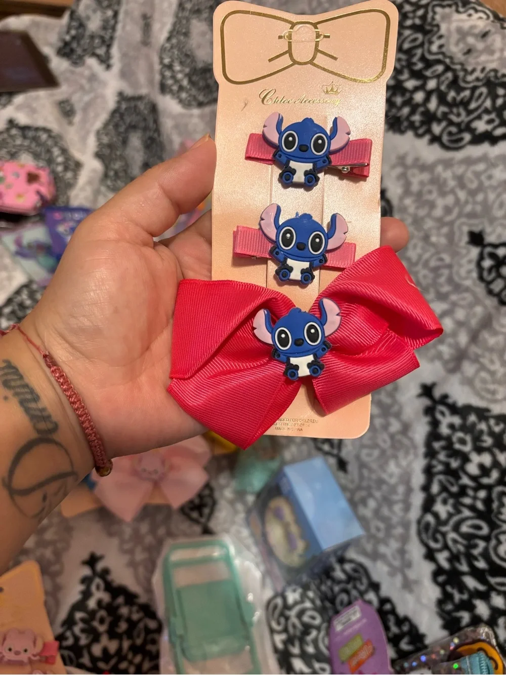 6 Kids Pink Bow Hair Clip Set with Blue Character Accent